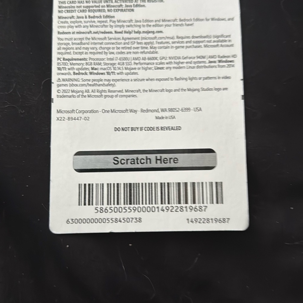 Microsoft Minecraft Java & Bedrock Edition Card